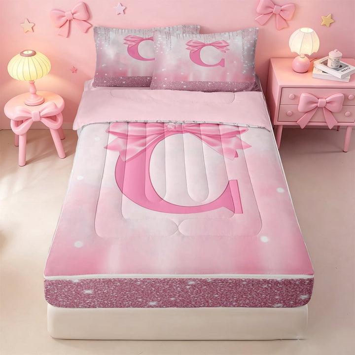 meiyoeat Girls Personalized Bow Gifts Zipper Twin Comforter Sets with Fitted Sheet and 2 Pillowcases For Kids,Pink Bowknot Letter Print C Zipper Bedding Set For Bow Lovers,Pink Reversible,4 Pieces