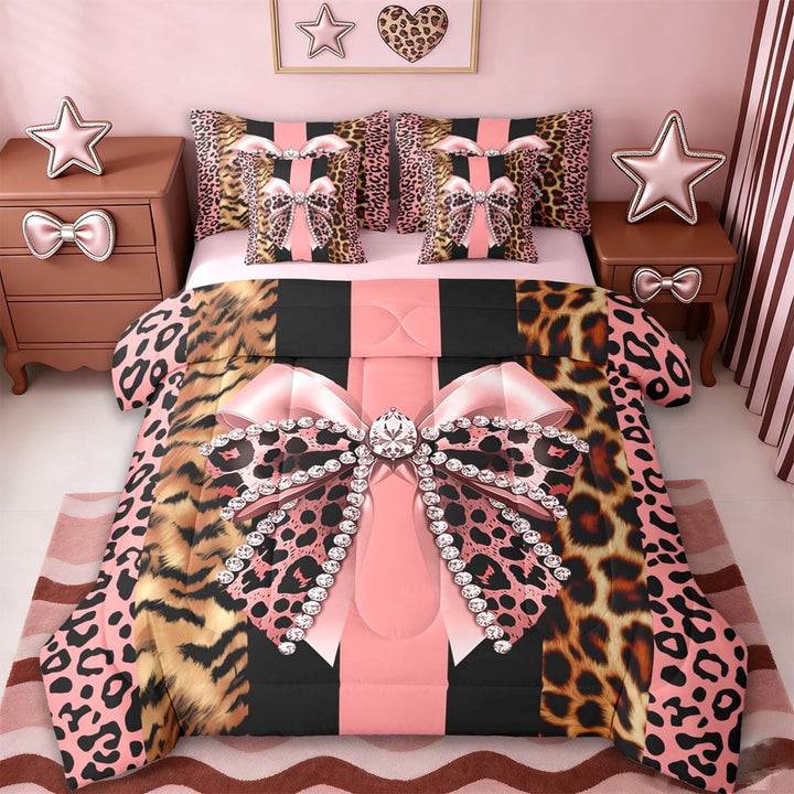 Erosebridal Pink Cheetah Bowknot 7-Piece Twin Bedding Sets,Africa Leopard Pattern Bedding Comforter Set For Women,Reversible pink