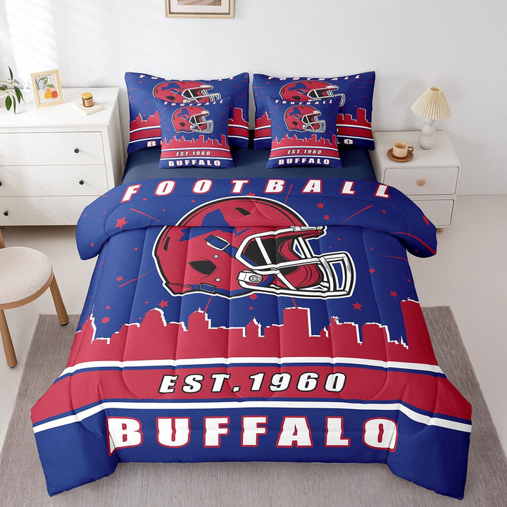 Erosebridal Football Buffalo Bed in a Bag, Soccer Sport Bed Set, Blue Red Reversible Comforter Sets, Breathable Room Decoration, 7 Pieces