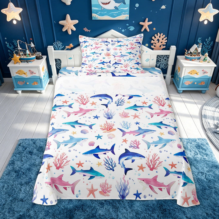 meiyoeat Watercolor Shark Bed Sheets for Kids Girls, Coral Starfish Full Size Sheets for Bedroom, Multicolor, 4 Pieces