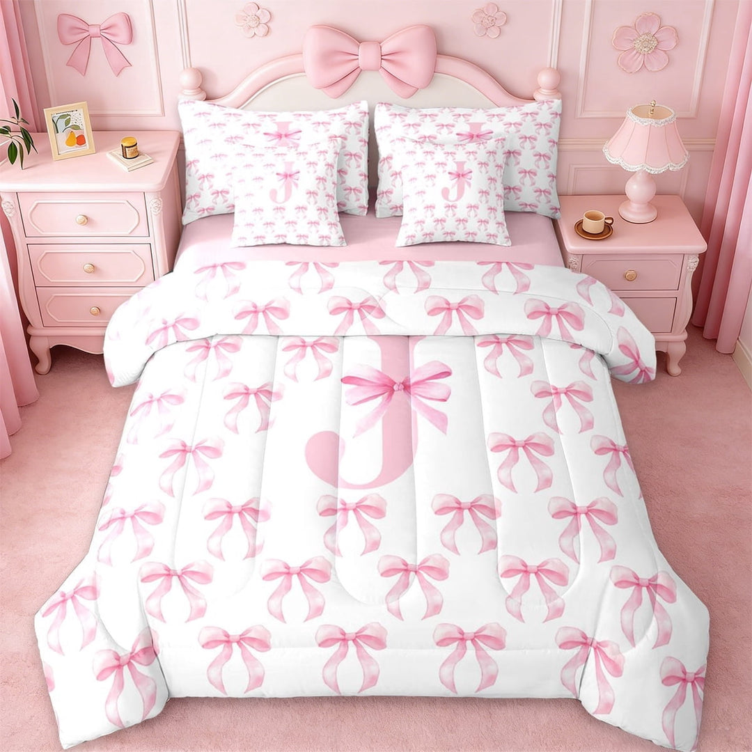 Erosebridal Cute Pink Bowknot 7-Piece Twin Bedding Sets For Girls,Letter A Initial Theme Kids Bedding Comforter Set,Pink Reversible