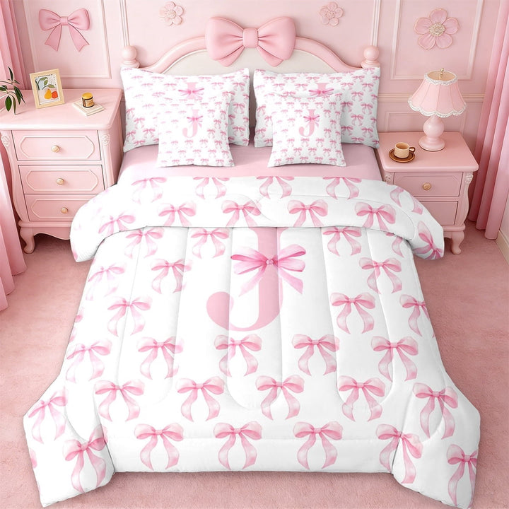 Erosebridal Cute Pink Bowknot 7-Piece Twin Bedding Sets For Girls,Letter A Initial Theme Kids Bedding Comforter Set,Pink Reversible