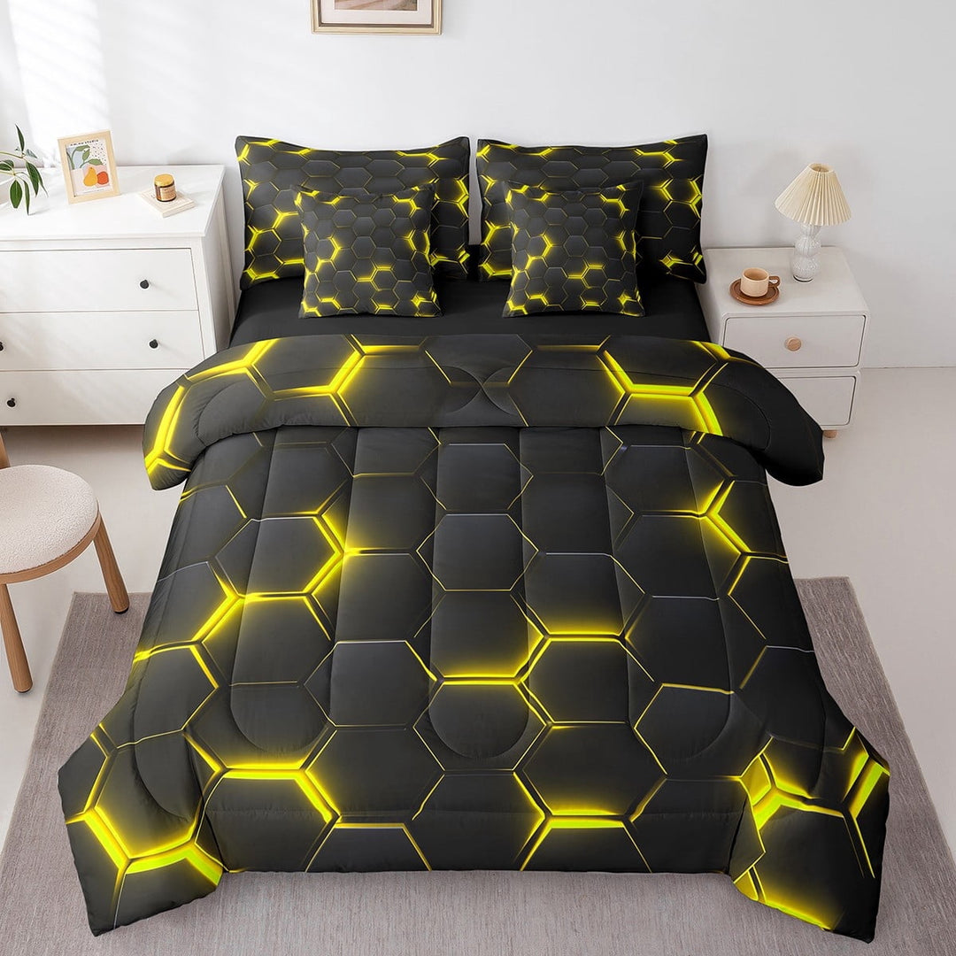 7 Piece Yellow Honeycomb Print Bed in a Bag Twin Beehive Geometrical Bed Sets with Sheet Set, Black Hexagonal Pattern Fitted Sheet Geometry Bedding Modern Abstract Plaid Cushiom Covers