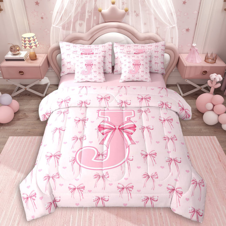 Erosebridal Kawaii Pink Ribbon Bowknot Girl Twin Bedding Sets 7-Piece,Teens Kids Love Heart Letter Monogrammed J Bedding Comforter Set,Pink Reversible