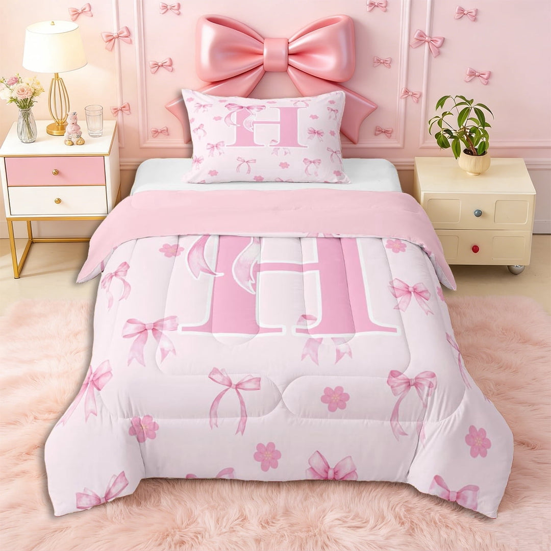 Erosebridal Pink Bowknot Personalized Initial H Twin Comforter Sets 3-Piece,Japanese Style Sakura Bedding Set,Pink Reversible,Microfiber Bedroom Decor