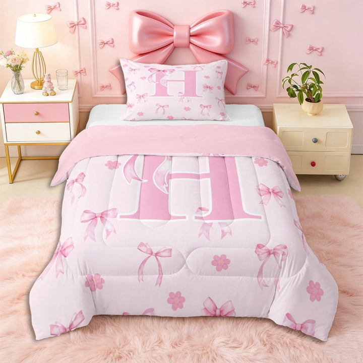 Erosebridal Pink Bowknot Personalized Initial H Twin Comforter Sets 3-Piece,Japanese Style Sakura Bedding Set,Pink Reversible,Microfiber Bedroom Decor