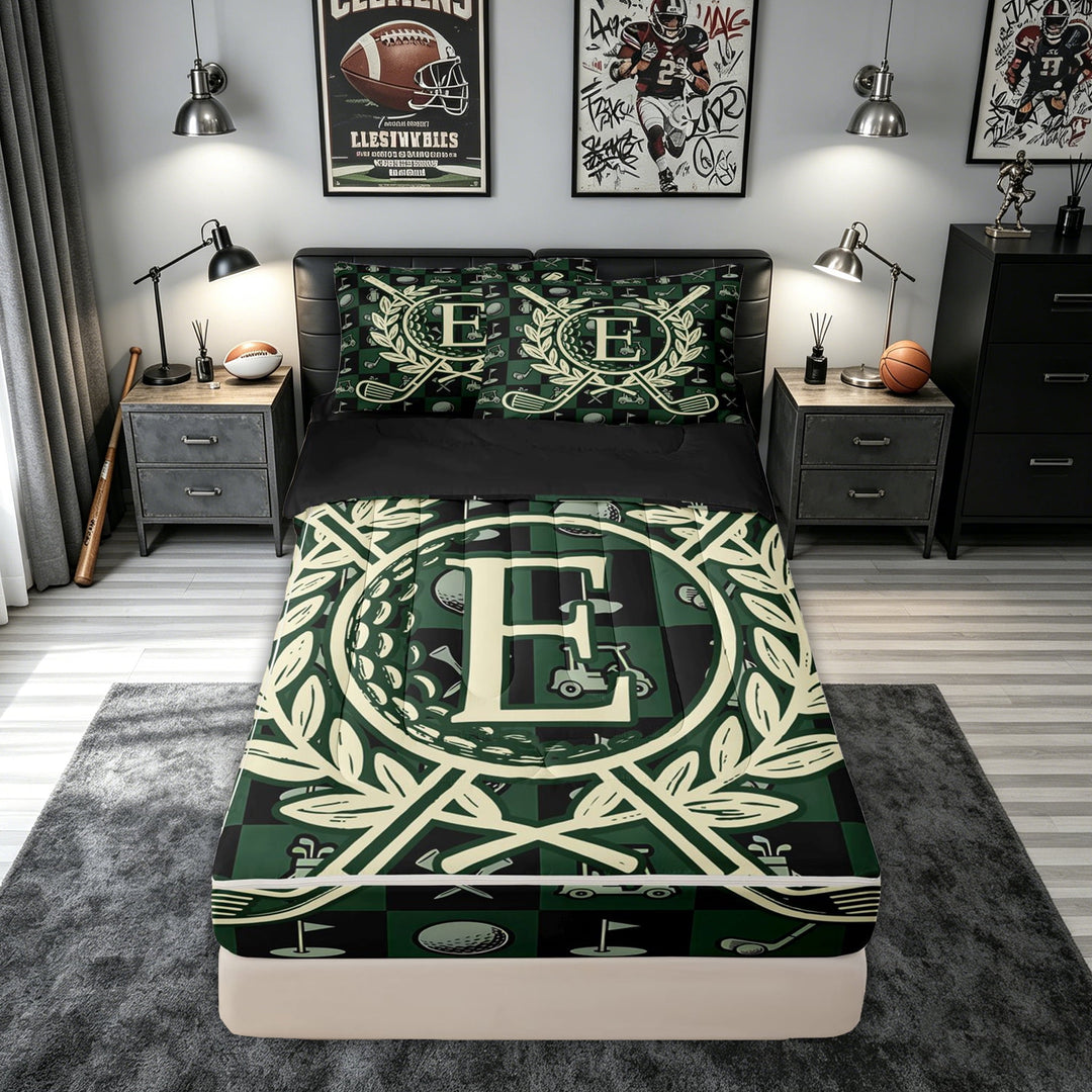 meiyoeat Golf Letter E Zipper Comforter Set with Fitted Sheet and 2 Pillowcases for Men Women, Green Patchwork Buffalo Zipper Bedding Set, Black Reversible, 3 Pieces
