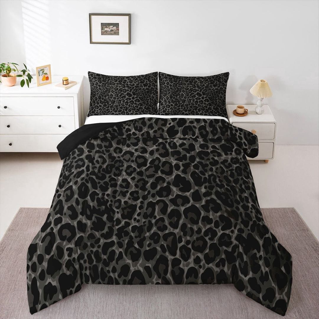 Erosebridal Modern Leopard Print Kids Full Size Comforter Sets, Farmhouse Camo Printed Bedding Sets, Black Reverisble, 3-Piece