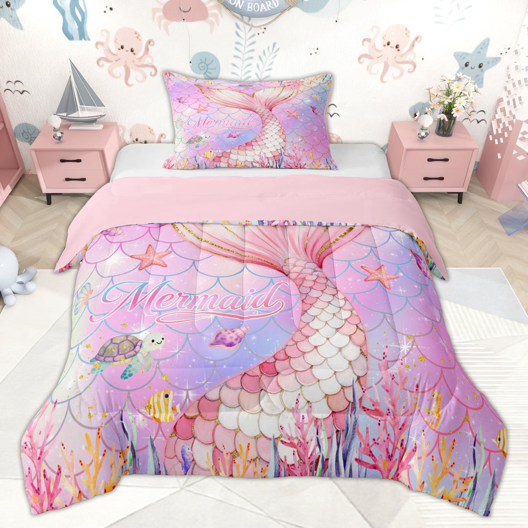 Erosebridal Magic Ocean Mermaid Twin Comforter Sets, Princess Style Bedding Set, Pink Reversible, 2 Pieces