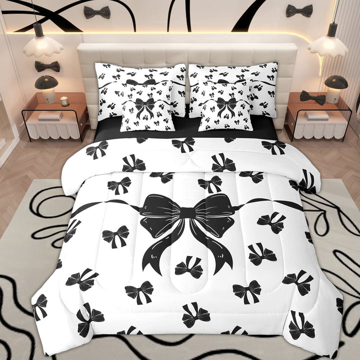 Erosebridal Fashion Ribbon Twin Bedding Sets 7-Piece, Cool Girls Bow Bedding Comforter Set, Black Reversible