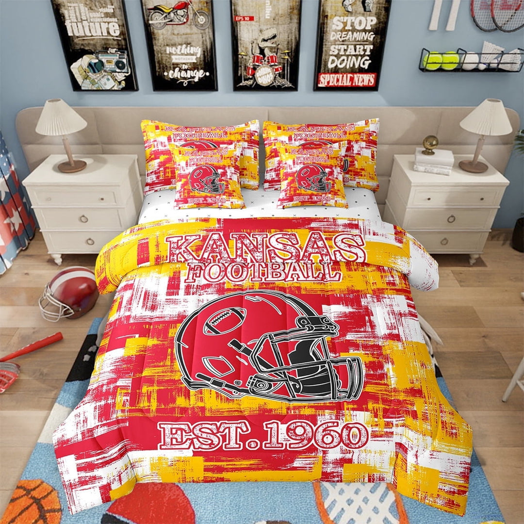Erosebridal American Football 7 Pieces Comforter Sets Kansas Bedding Set for All Season Full Size Gifts for Football Fans Football City Bed in a Bag with Comforter