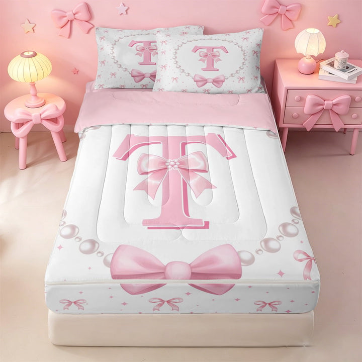 meiyoeat Ribbon Bow Letter Print Zipper Twin Comforter Sets with Fitted Sheet and 2 Pillowcases For Girls,Pink Bowknot Monogram T Zipper Bedding Set For Kids,Pink Reversible,4-Piece