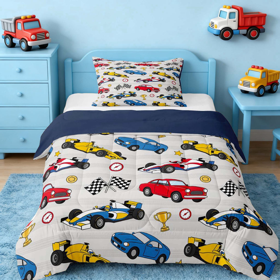 Erosebridal Race Car Twin Comforter Sets for Boys and Girls, Red Blue Yellow Checkered Flag Bedding Set, 2 Pieces 1 Comforter and 1 Pillowcase