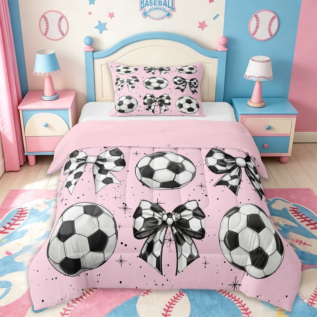 Erosebridal Cute Coquette Bowknot Twin Comforter Sets,Soccer Sport Football Games Bedding Set For Kids Girls,Reversible pink,2-Piece