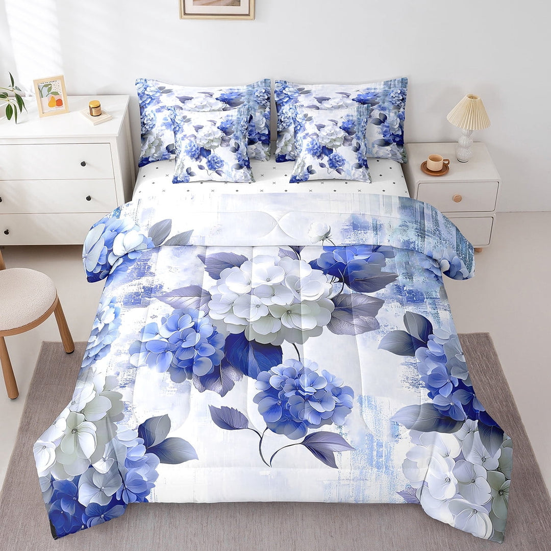 Watercolor Hydrangea Bed in a Bag 7-Piece Chic Flower Floral Bedding Set Women,Watercolor Oil Painting King Size Comforter Set Ombre Gradient Bedding Comforter Sets,Navy Blue Bed Set