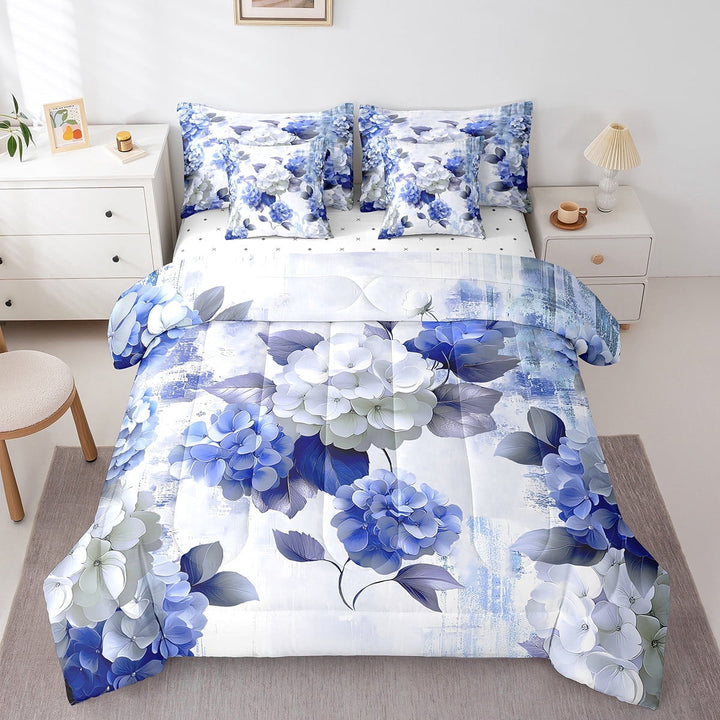 Watercolor Hydrangea Bed in a Bag 7-Piece Chic Flower Floral Bedding Set Women,Watercolor Oil Painting King Size Comforter Set Ombre Gradient Bedding Comforter Sets,Navy Blue Bed Set
