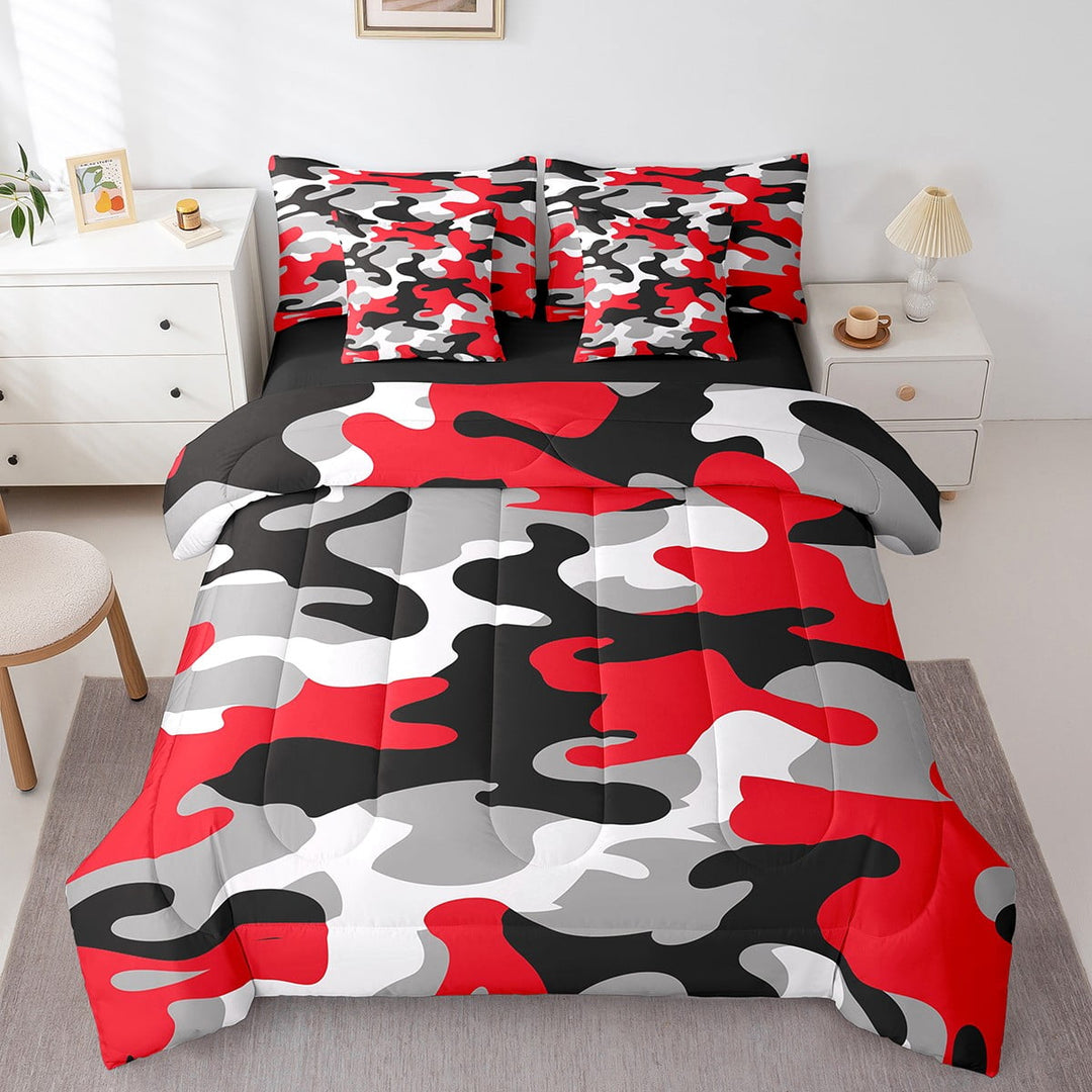 Red Black Camouflage 7 Pieces Bedding Set Camo Twin Comforter Set with Sheets Room Decor Graffiti Army Bed in a Bag Abstract Art Bed Set
