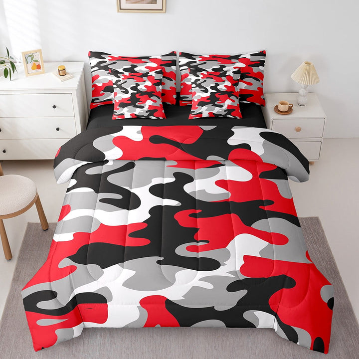 Red Black Camouflage 7 Pieces Bedding Set Camo Twin Comforter Set with Sheets Room Decor Graffiti Army Bed in a Bag Abstract Art Bed Set