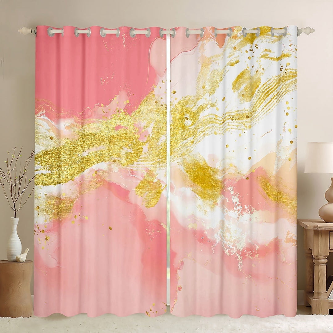 jejeloiu Aesthetic Geometric Art Black Out Curtains,Splashing Ink Curtains Pack of 2 (42x63 Each),Gradient Pink Gold Bedroom Curtains,Lightweight Room Decor