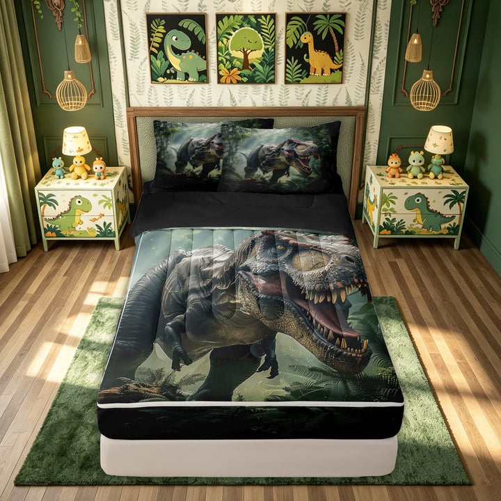 meiyoeat Jungle Tyrannosaurus Zipper Full Size Comforter Sets with Fitted Sheet and 2 Pillowcases for Boys Men Kids, 3D Wildlife Animal Zipper Bedding Set, Green, Black Reversible, 4pcs