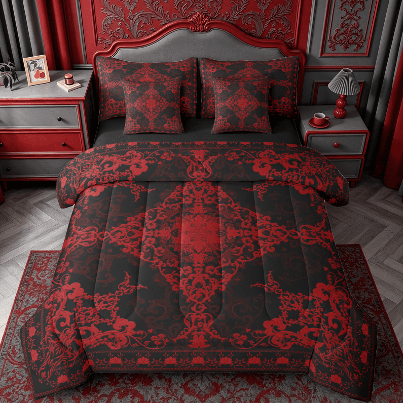 Erosebridal Gothic Vintage Floral 7pcs Bedding Comforter Set,Vintage Damask Queen Bedding Sets For Adults,Reversible black