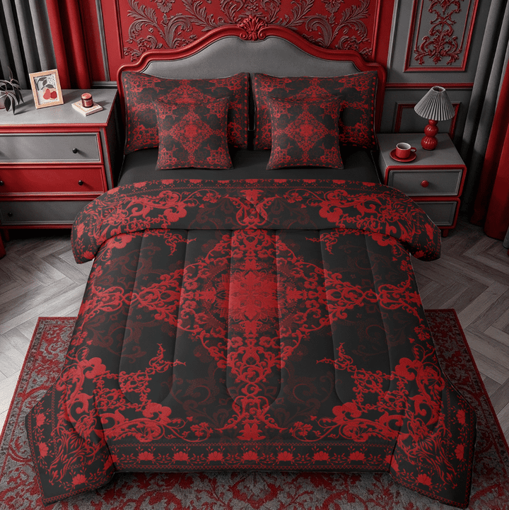 Erosebridal Gothic Vintage Floral 7pcs Bedding Comforter Set,Vintage Damask Queen Bedding Sets For Adults,Reversible black