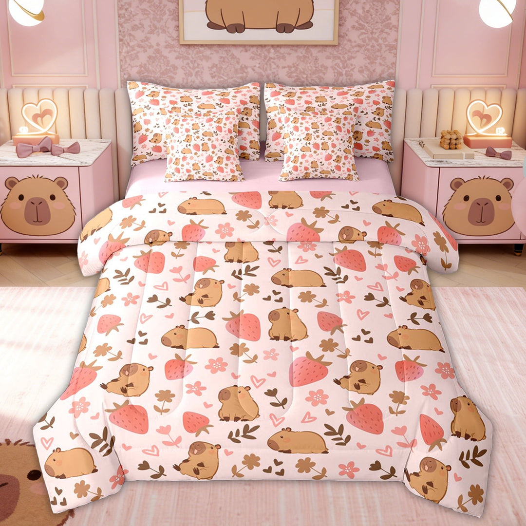 Erosebridal Jungle Capybara Kid Twin Bedding Sets, Strawberry Floral Bedding Comforter Set, Pink Reversible, 7pcs