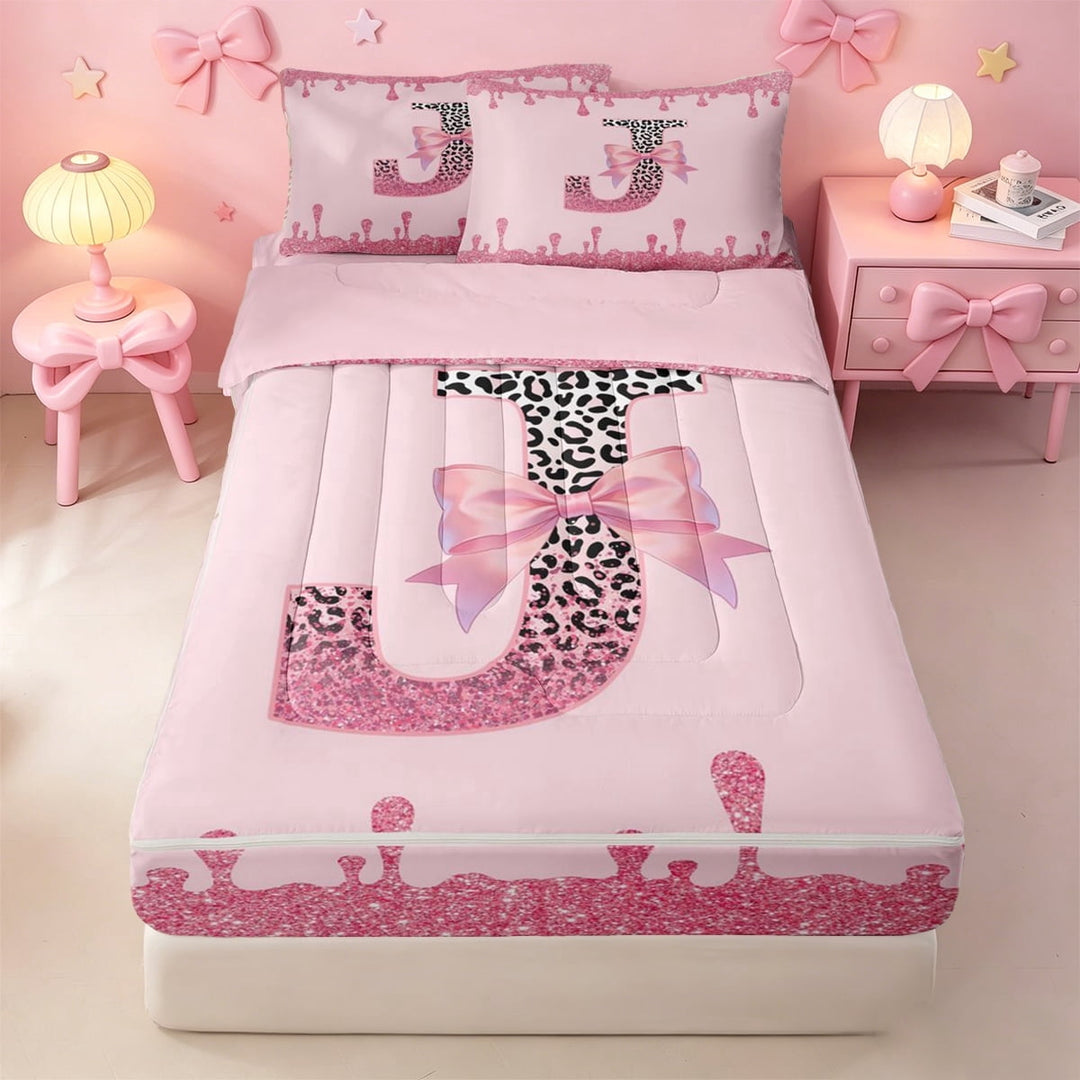 meiyoeat Glitter Print Leopard Monogram J Zipper Full Size Comforter Sets with Fitted Sheet and 2 Pillowcases For Girls,Pink Bowknot Drip Initial Zipper Bedding Set,Pink Reversible,4-Piece