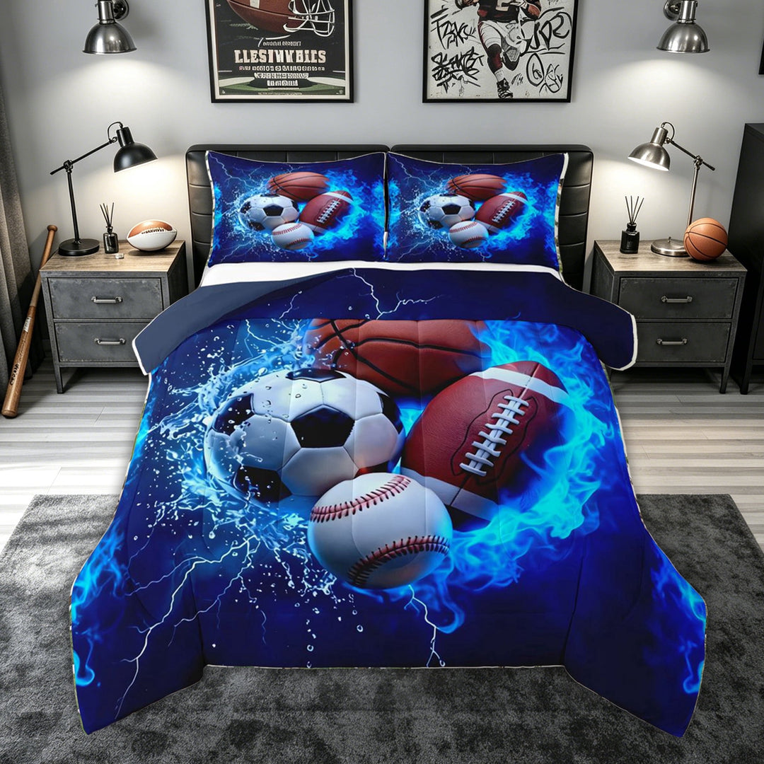 meiyoeat Blue Fire Sports Full Size Comforter Sets for Kids Kids Boys, Ice Lightning Bedding Comforter Set for Bedroom, Blue Reversible, 3-Piece