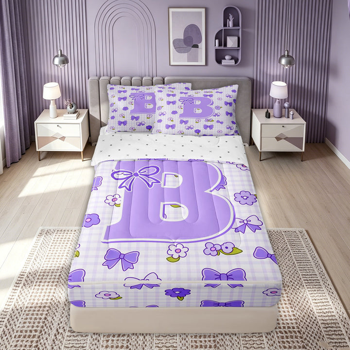meiyoeat Cute Bow Letter B Zipper Comforter Set with Fitted Sheet and 2 Pillowcases, Floral Plaid Zipper Bedding Set for Kids Girls, Purple, Reversible, 3 Pieces