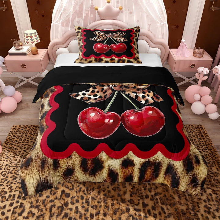 Erosebridal Kawaii Cherry Twin Comforter Sets for Girls, Cheetah Print Bowknot Bedding Set, Black Reversible, 1 Comforter and 1 Pillowcase