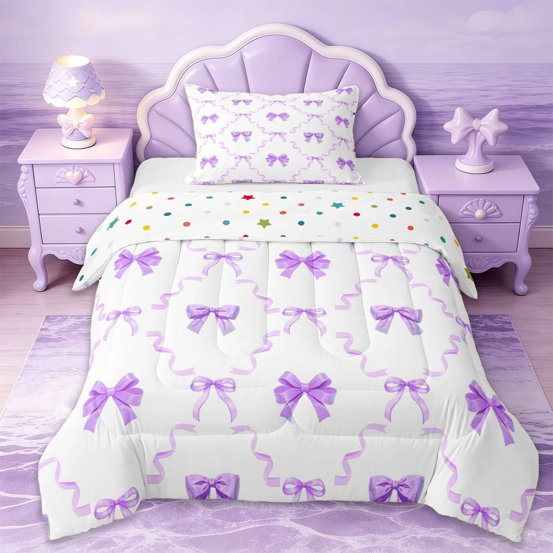 Erosebridal Purple Bowknot Twin Comforter Sets For Girls,Cute Bowtie Ribbon Kids Bedding Set,Reversible,2pcs