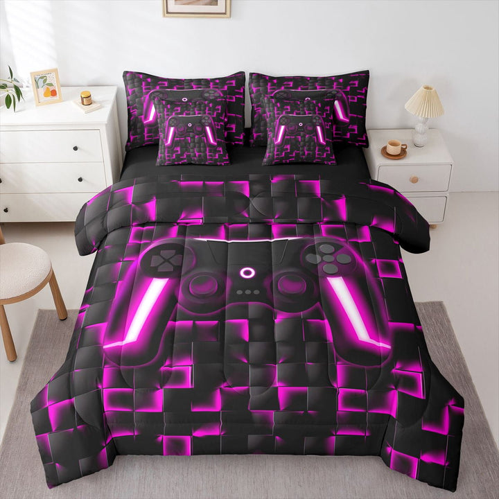 Video Game 7 Pieces Bed in a Bag Twin, Purple Room Decoration for Teen, Black Reversible