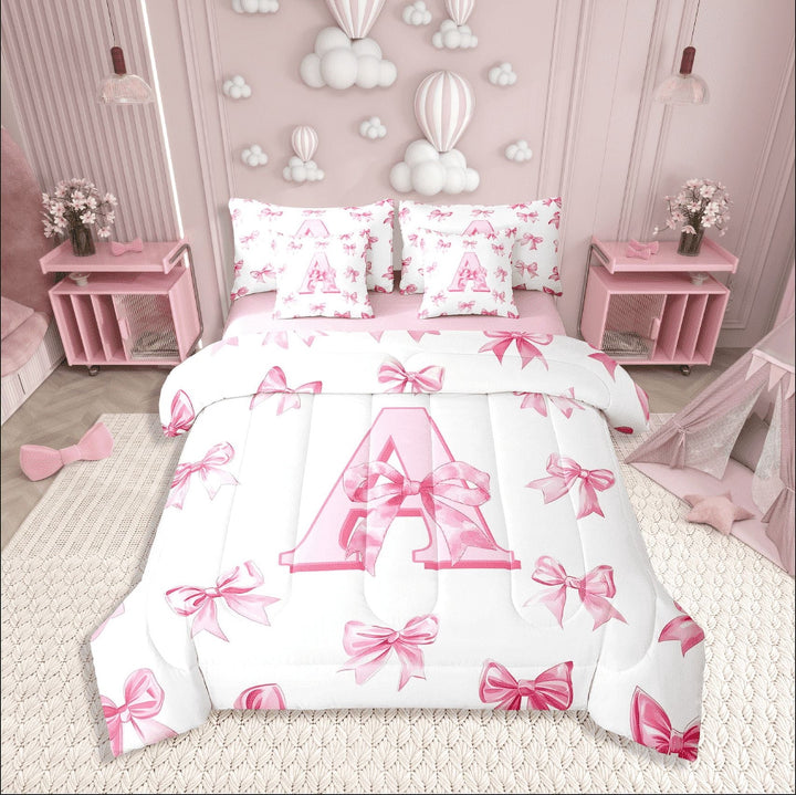 Erosebridal Letter Bedding Sets Twin Size For Teens,Pink Bowknot Comforter Sets with Sheets,Princess Room Decorative,Reversible,Breathable,7-Piece