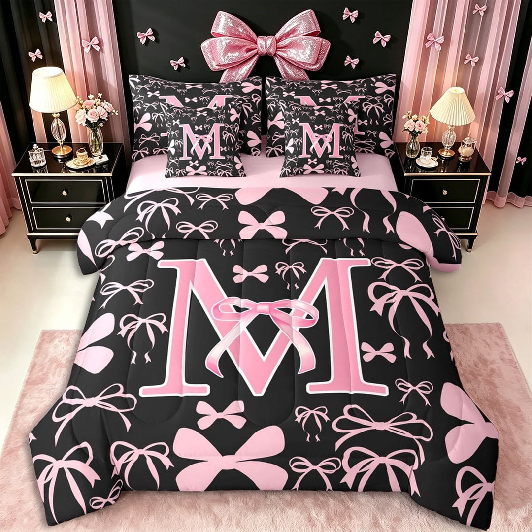 Erosebridal Pink Personalized Initial M Twin Bedding Sets 7-Piece,Cartoon Dreamy Bow Knot Bedding Comforter Set,Pink Reversible,Ultra Soft Home Decor