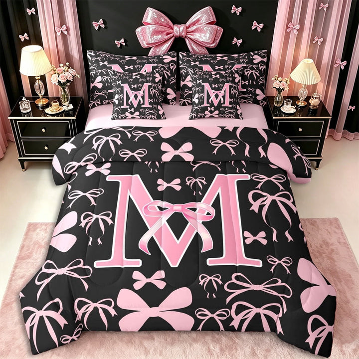 Erosebridal Pink Personalized Initial M Twin Bedding Sets 7-Piece,Cartoon Dreamy Bow Knot Bedding Comforter Set,Pink Reversible,Ultra Soft Home Decor