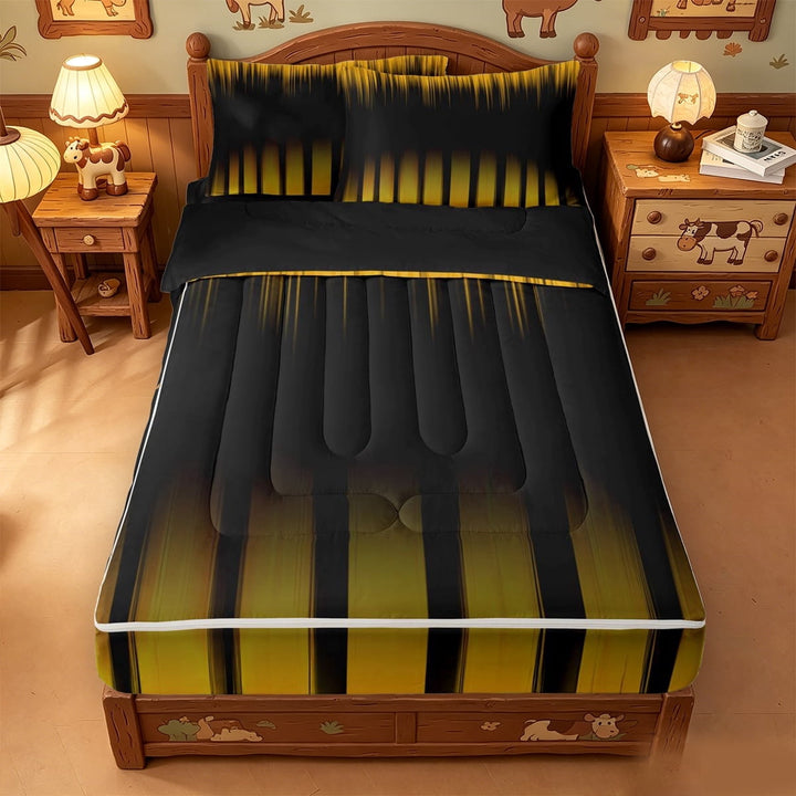 meiyoeat Abstract Geometric Striped Zipper Twin Comforter Sets with Fitted Sheet and 2 Pillowcases For Boys,Yellow Black Lines Print Zipper Bedding Set,Black Reversible,4 Pieces