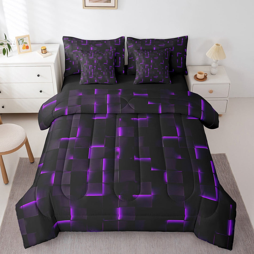 Erosebridal Plaid Buffalo Bedding Sets Twin Size,Geometric Grid Comforter Sets with Sheets,Neon Gradient Bed in a Bag Twin size,Breathable Boys Bedroom Decor,Reversible,7pcs