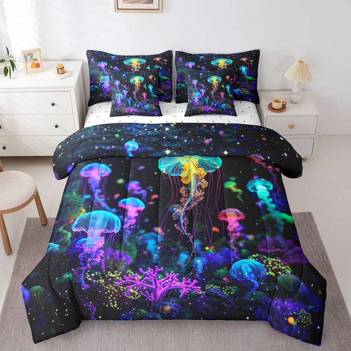 Erosebridal 3D Jellyfish Bed In A Bag Women Teal Purple Jellyfish Fitted Sheet 7 Pcs Tropical Nautical Coastal Comforter Set Ocean Sea Animal Flat Sheet,Twin Size Bedding Set