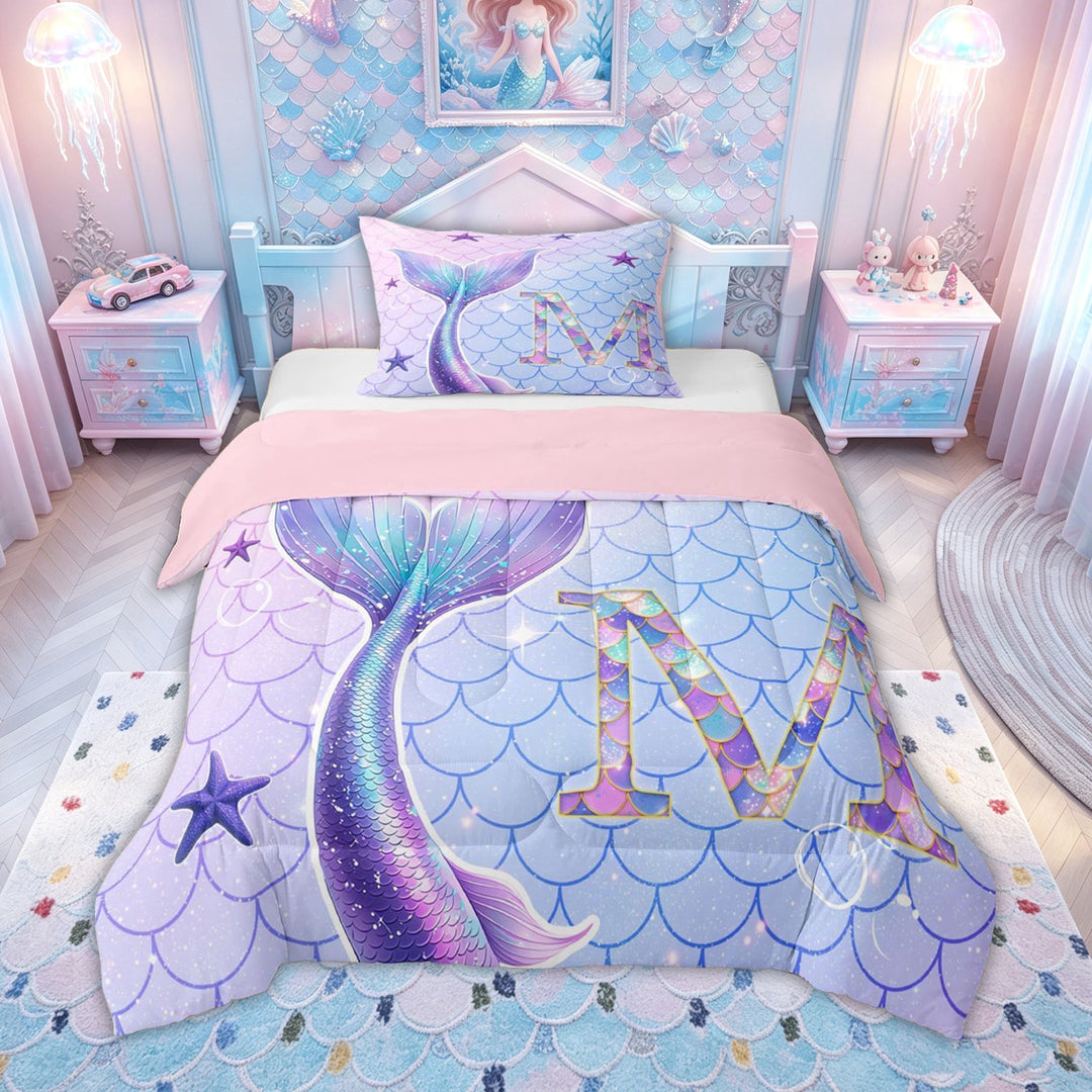 meiyoeat Mermaid Scale Letter M Full Size Comforter Sets for Kids Girls, Marine Starfish Bedding Comforter Set, Purple Blue, Pink Reversible 3pcs, 1 Comforter and 2 Pillowcases