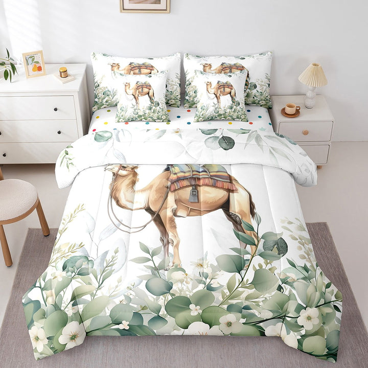 Cartoon Animal Twin Comforter Set 7 Pieces Kawaii Camel Bedding Comforter Sets, Desert Animal Bed in a Bag Wildlife Bedding Set, Botanical Green Eucalyptus Bed Sheets Set