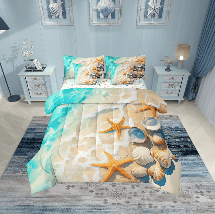 Erosebridal Marine Beach Bedding Twin Size, Kawaii Starfish Bed in a Bag Twin size, Coastal Ocean Reversible Bed Set, Breathable Bedroom Decorative, 7pcs