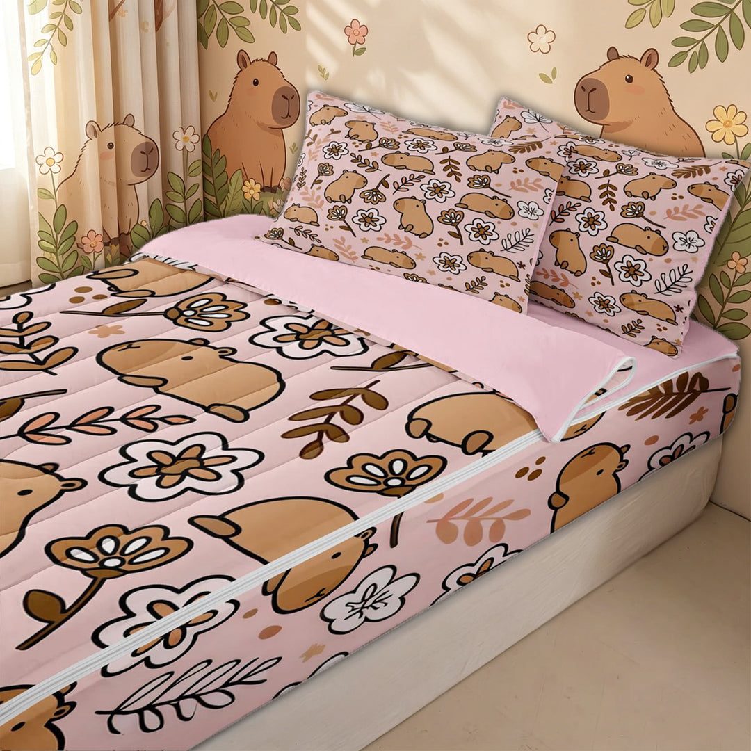 meiyoeat Cute Capybara Animal Zipper Full Size Comforter Sets with Fitted Sheet and 2 Pillowcases for Kids Girls, Boho Flower Floral Zipper Bedding Set, Pink Brown, Pink ReversibleG