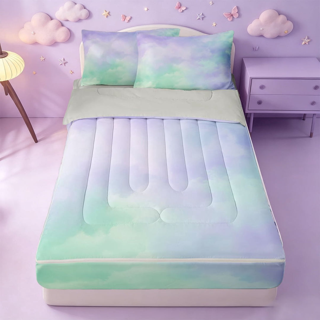meiyoeat Purple Green Watercolor Cloud Zipper Twin Comforter Sets with Fitted Sheet and 2 Pillowcases,Soft Ombre Print Zipper Bedding Set For Girls,Light Gray Reversible,4-Piece