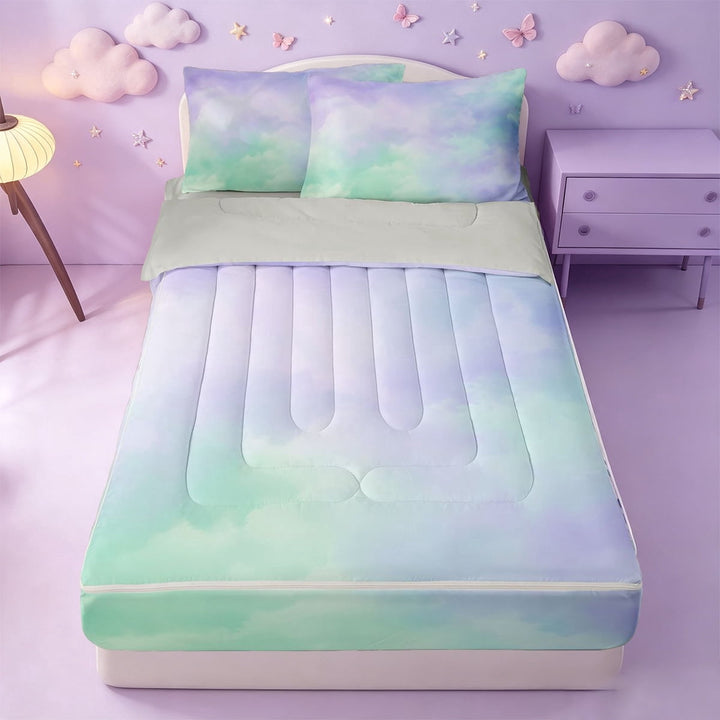 meiyoeat Purple Green Watercolor Cloud Zipper Twin Comforter Sets with Fitted Sheet and 2 Pillowcases,Soft Ombre Print Zipper Bedding Set For Girls,Light Gray Reversible,4-Piece
