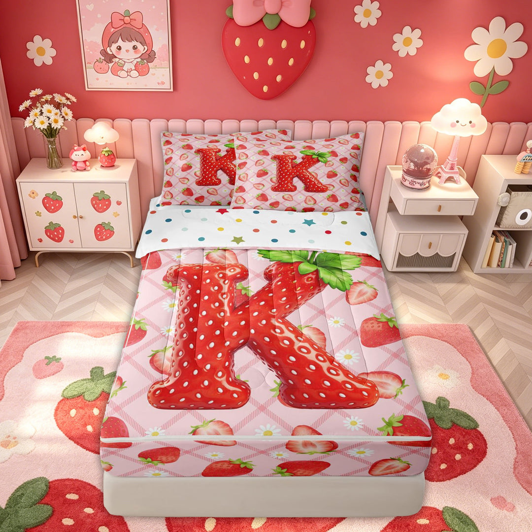 meiyoeat Strawberry K Initial Zipper Twin Comforter Sets with Fitted Sheet and 2 Pillowcases for Girls, Fruit Flower Zipper Bedding Set, Red Pink, Polkadot Reversible, 4pcs