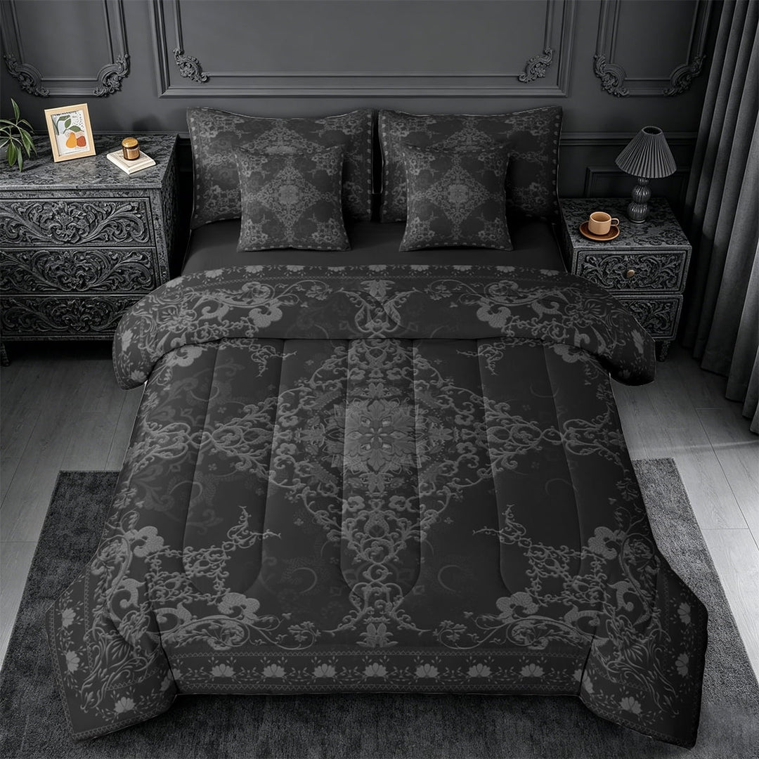 Erosebridal Baroque Floral 7pcs Bedding Comforter Set,Vintage Gothic Theme Queen Bedding Sets For Men Women,Reversible black