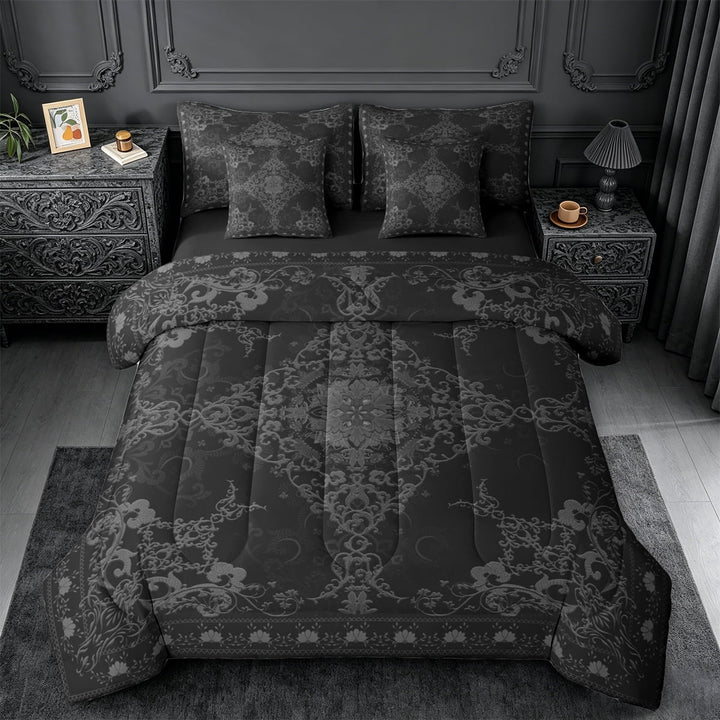 Erosebridal Baroque Floral 7pcs Bedding Comforter Set,Vintage Gothic Theme Queen Bedding Sets For Men Women,Reversible black