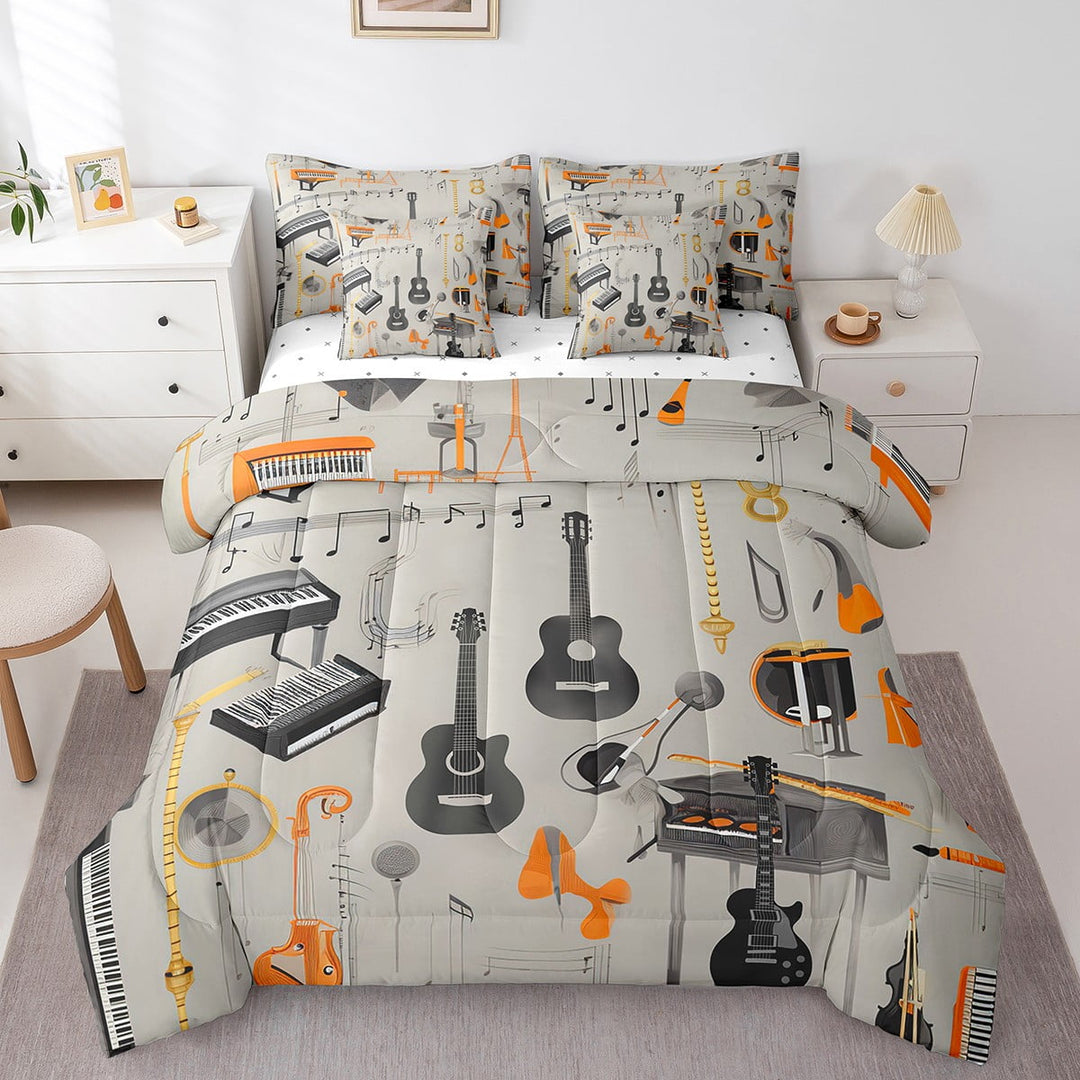 Music Instruments Bedding Comforter Sets Acoustic Guitar Bed in a Bag 7pcs, Piano Keyboards Bass Bedding Set Musical Theme Full Size Comforter Set, Vintage Radio Vinyl Record Player Bed Set Grey