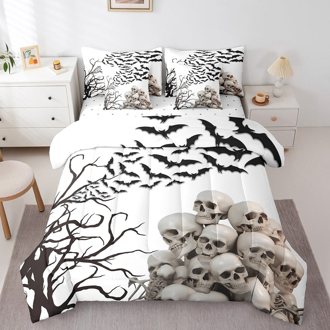 Erosebridal 7Pcs Halloween Skeleton Comforter Sets Queen Size, Gothic Skull Bat Comforter Set Bed in a Bag(1 Comforter, 1 Flat Sheet 1 Fitted Sheet 2 Pillowcases and 2 Throw Pillow Covers)